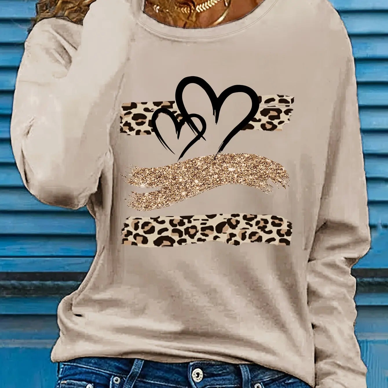 Women’s Spring Autumn 100% Cotton Long Sleeve T-Shirt – Casual Loose Round Neck with Leopard & Heart Print