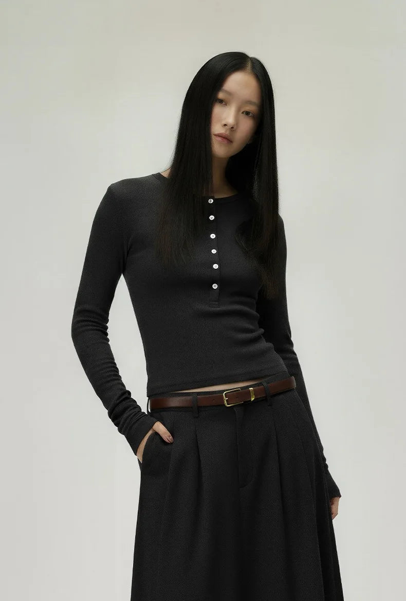 Women’s Casual Henley Neck Long Sleeve T-Shirt – Minimalist Solid Skinny Lenzing Lyocell Top