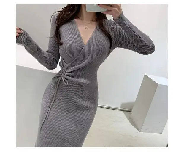 Chic V-Neck Pleated Drawstring Slimming Mid-Length Wrap Dress – Women’s Knitted Sweater Dress | Korean Style High Waist A-Line