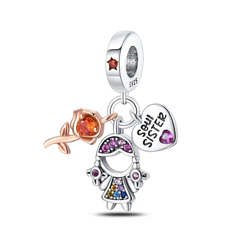 925 Sterling Silver Sweetheart Sister Charm | Fit Original Pandora & 3mm Bracelets DIY Jewelry Gift for Women