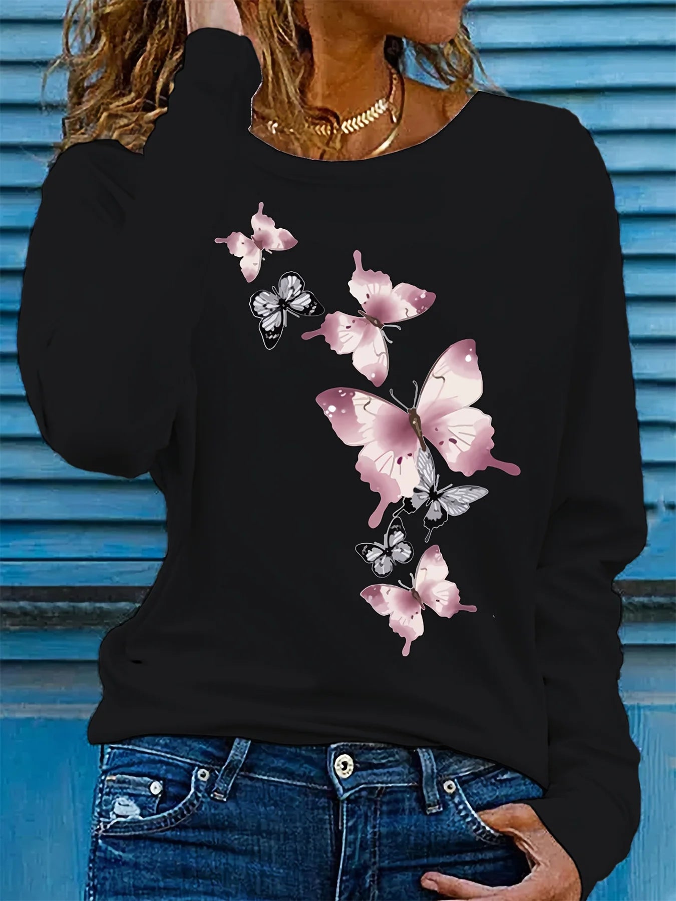 Women’s 100% Cotton Butterfly Print Long Sleeve T-Shirt | Casual Loose Round Neck Base Shirt for Spring & Autumn