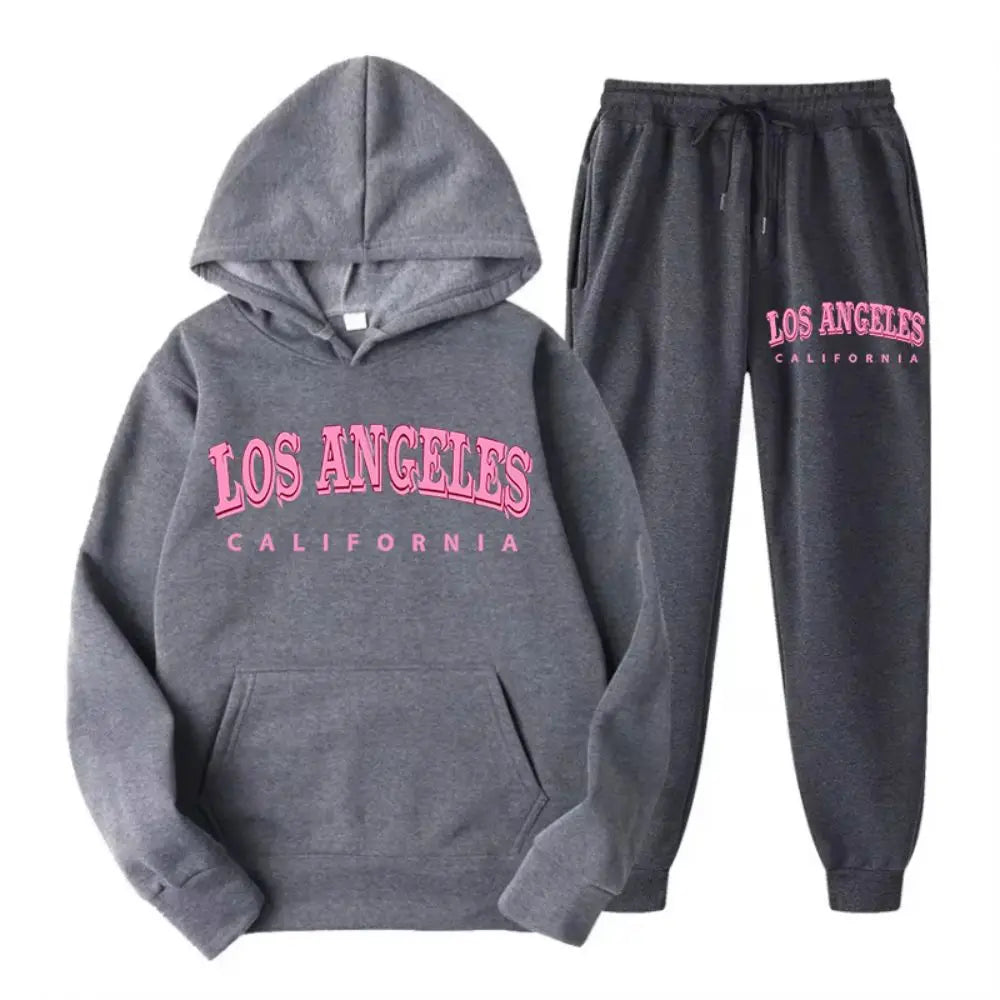 Women’s Two-Piece Street Hoodie & Pants Set – Los Angeles California Print Fleece Sportswear 🏙️✨