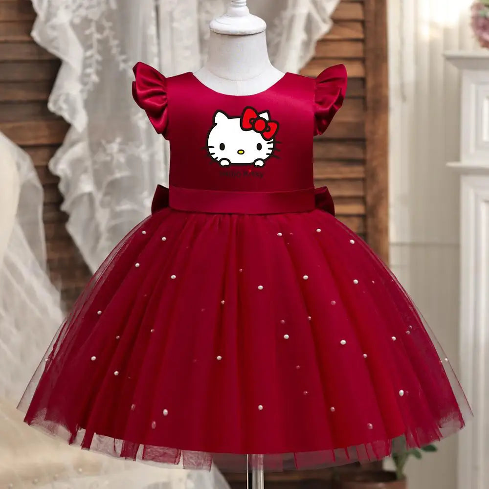 Hello Kitty Girls Pearls Dress – Elegant Princess Wedding Gown, Tulle Birthday Party Dress for Children 3-7Y
