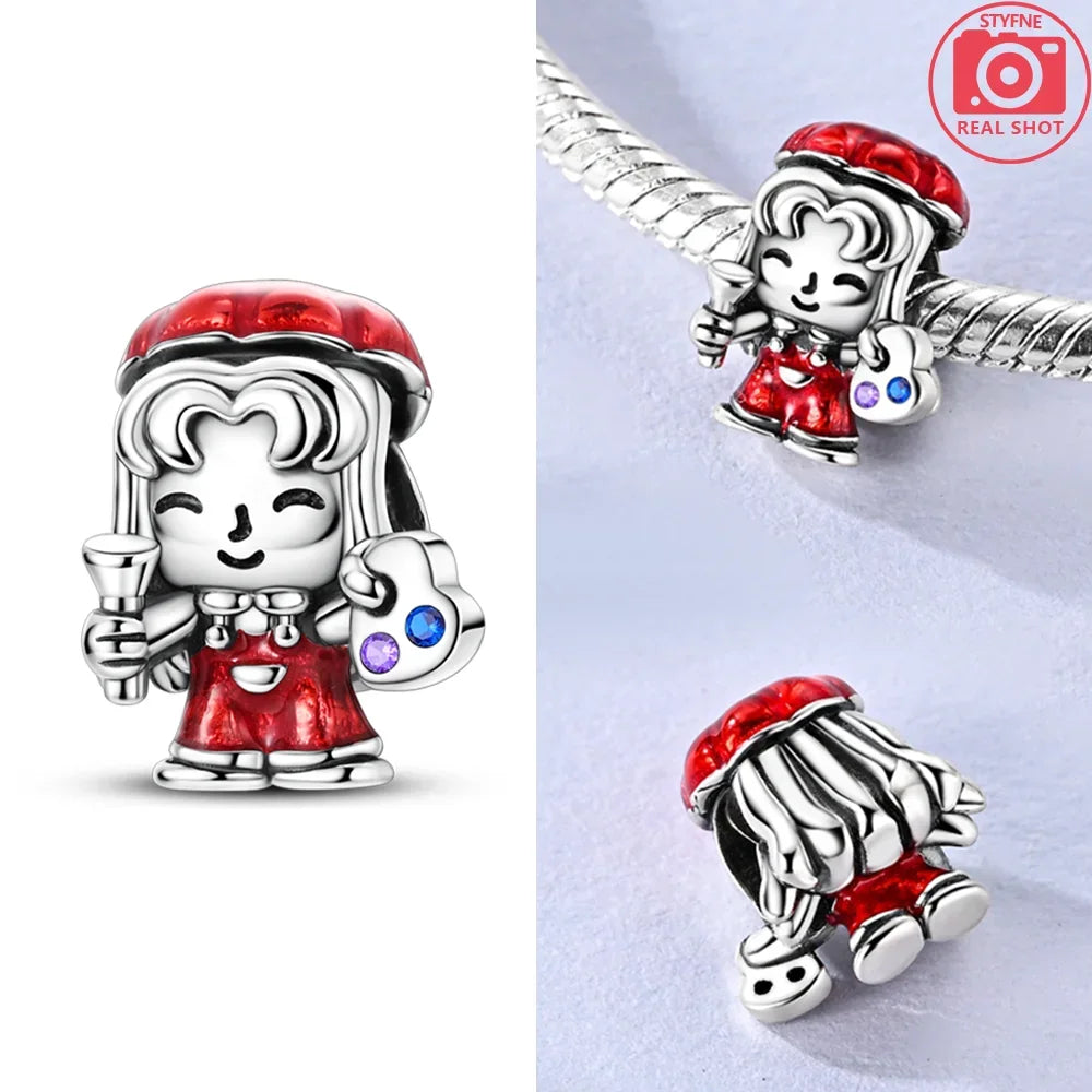 925 Sterling Silver Red Cherry Girl Polka Dot Matryoshka Charms | Bow Beads Fit Original Bracelet DIY Jewelry Gift for Women