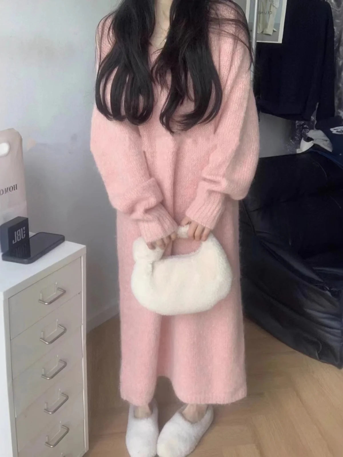 Ladies’ Thick Long Knitted Dress | Korean Style Loose Waist V-Neck H-Line Base Layer Dress | Autumn Winter New Arrival
