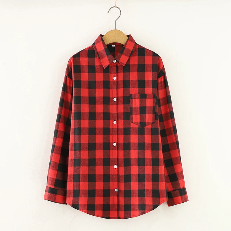 Fresh Flannel Plaid Shirt for Women | 2025 Loose Cotton Long Sleeve Casual Blouse & Top