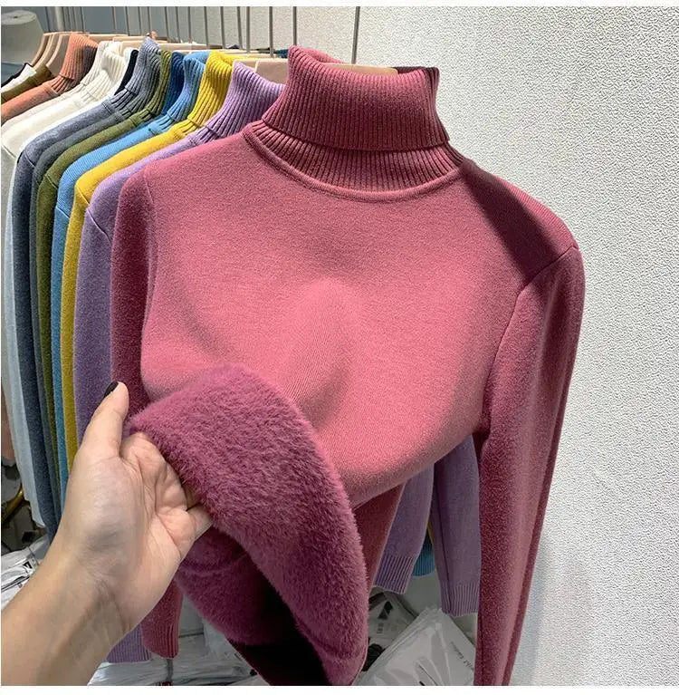 2025 Women’s High Collar Pullover Sweater – Thick Warm Soft Winter Top | Solid Color Bottoming Shirt