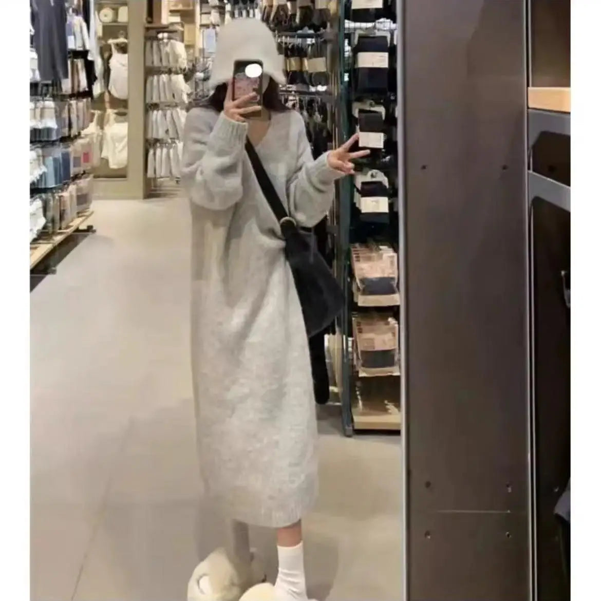 Ladies’ Thick Long Knitted Dress | Korean Style Loose Waist V-Neck H-Line Base Layer Dress | Autumn Winter New Arrival