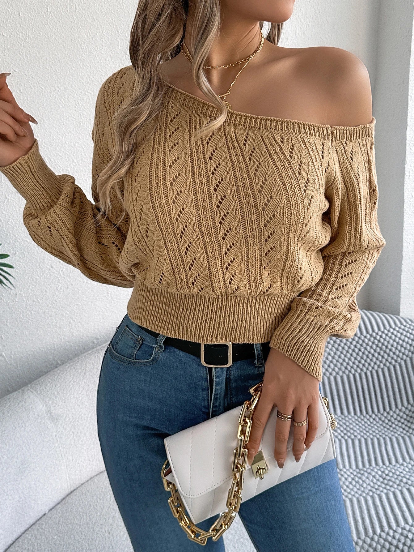 Women’s Autumn/Winter Slash Neck Off-Shoulder Knitted Pullover Sweater – Casual Elegant Long Sleeve Top
