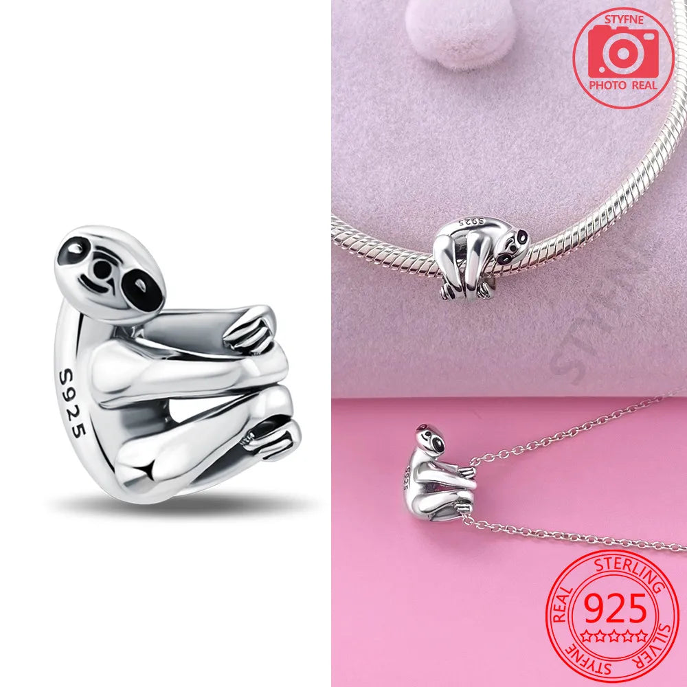 Silver 925 Openwork Elephant & Hanging Sloth Charms | Fit Original Bracelet | Women’s DIY Fine Jewelry Beads