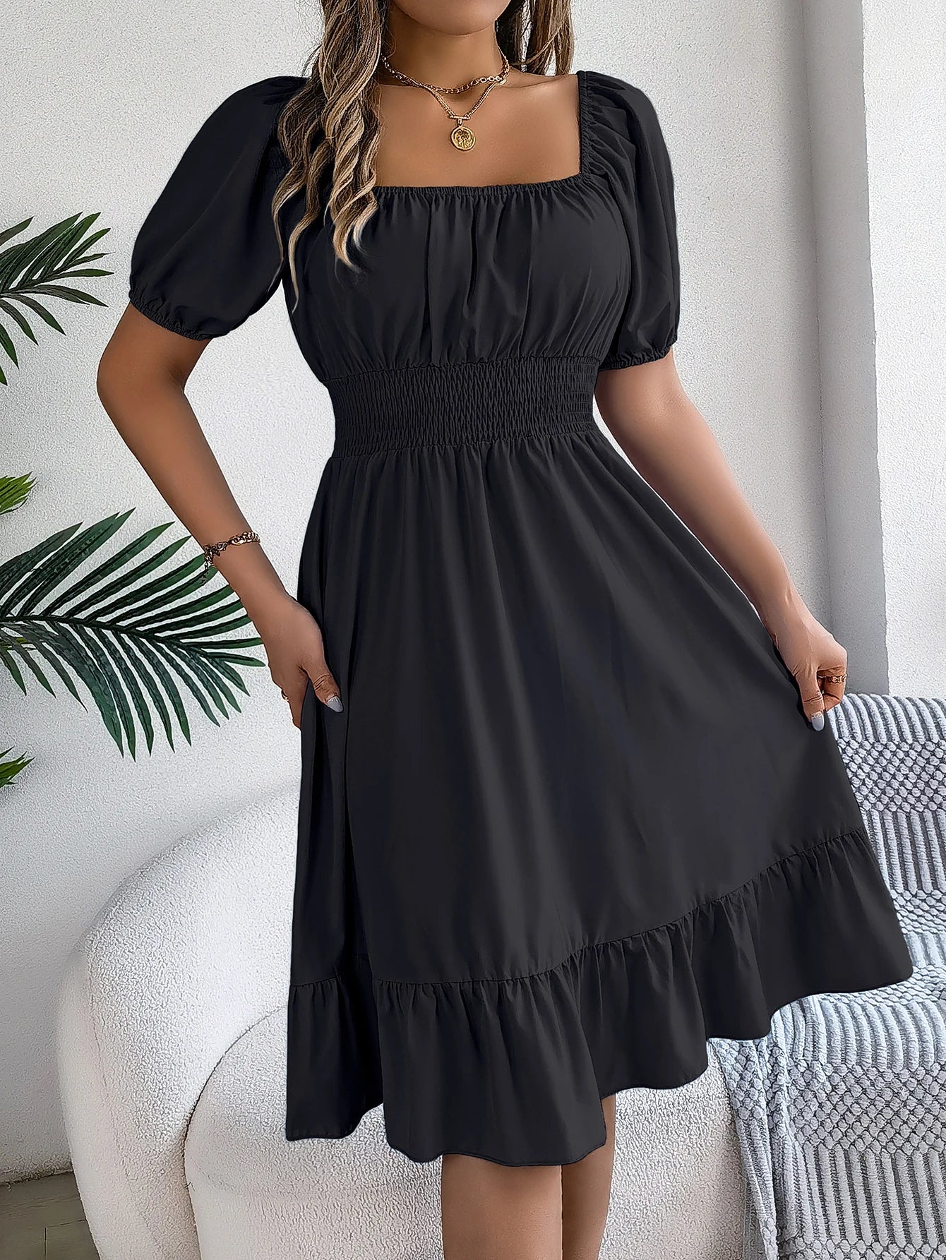 2026 Women’s Elegant High-Waisted Dress – Square Neck, Short Sleeve, Ruffled Edge Long Dress | Spring Summer Valentine’s Day