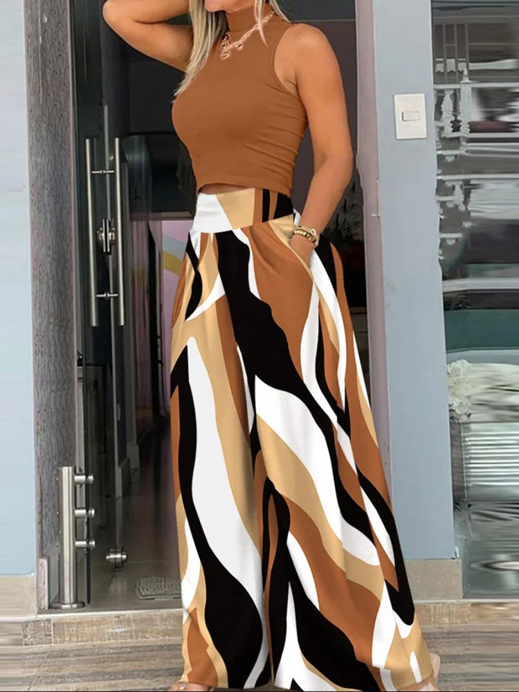 2025 Summer Fashion Printed Two Piece Set Women – Sleeveless Tank Top & Wide Leg Pants 🌞👚👖