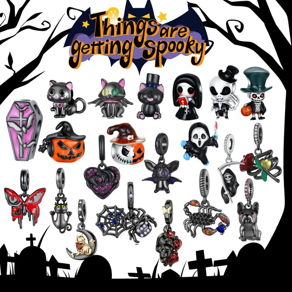 Halloween 925 Sterling Silver Black Skull, Bat & Pumpkin Charms | Pendant for DIY Original Bracelets, Women’s Fine Jewelry Gift