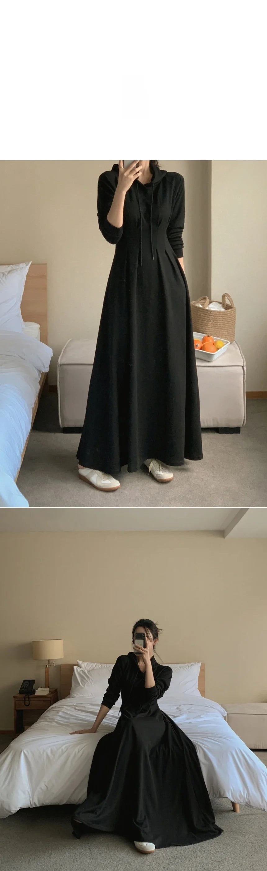 🍂 Chic Autumn Pleated Waist Slimming Long Sleeve Hooded Dress 👗 Women’s Long Dress Lazy Style Comfy Commute Wear