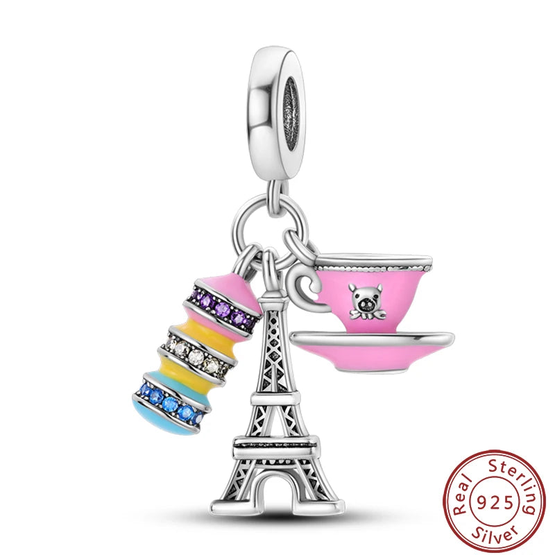 925 Sterling Silver Dessert Afternoon Tea Charm – Coffee, Cake, Pizza & Fries Beads Fit Original Pandora Bracelet DIY Jewelry