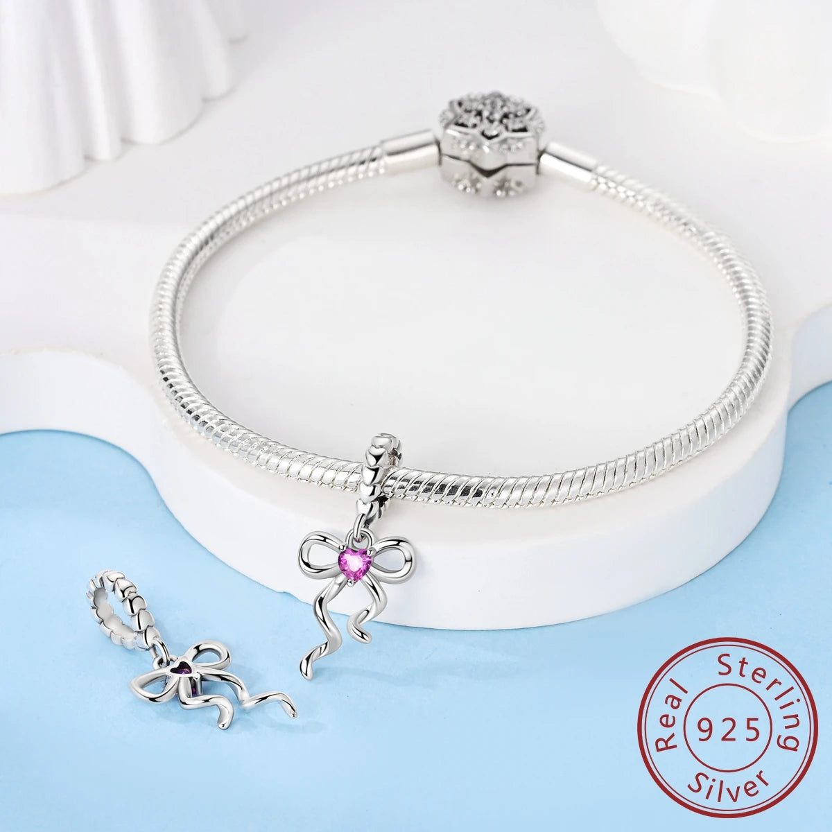 925 Sterling Silver Pink Zircon Heart Cross Charm | Fits Pandora Original Bracelet | Women’s Pendant DIY Jewelry Gift