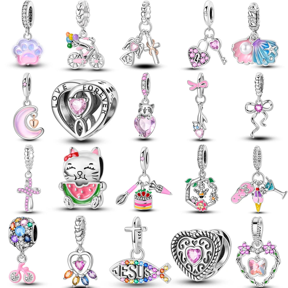 925 Sterling Silver Pink Zircon Heart Cross Charm | Fits Pandora Original Bracelet | Women’s Pendant DIY Jewelry Gift