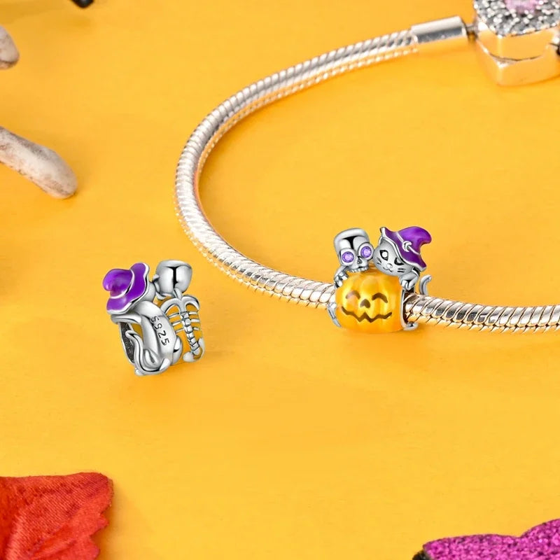 Halloween 925 Sterling Silver Luminous Pumpkin Witch Charm | Skeleton, Mummy & Candy Bead for DIY Bracelet Jewelry Gift