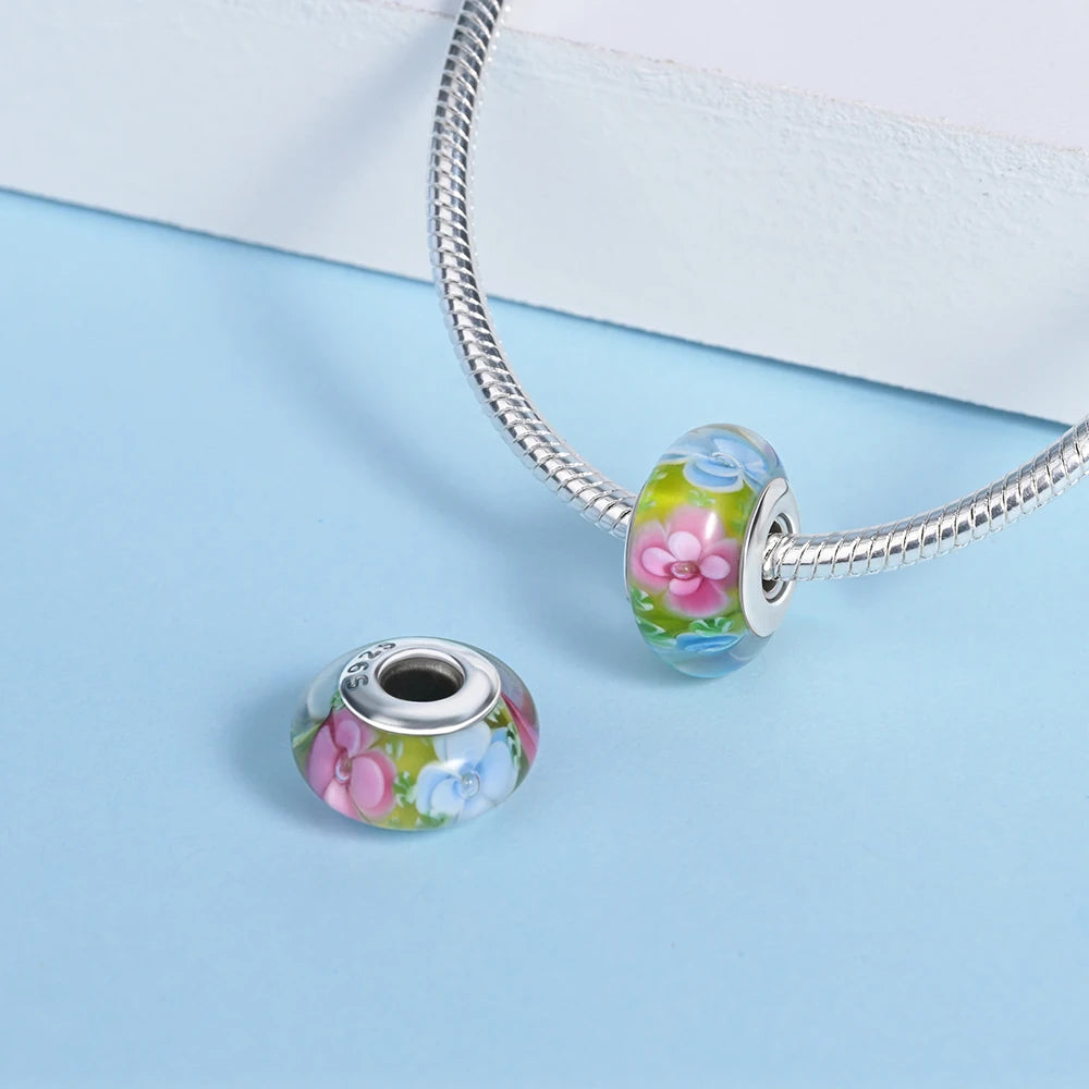 New 925 Sterling Silver Pink Daisy Murano Glass Charm | Cold Enamel Bead Fit Pandora Bracelet & Necklace