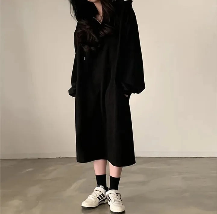 Chic Winter College Long Hoodie Dress ❄️ Lazy Fleece A-Line Side Slit Dress 👗 Pure Color Polyester Fiber 🧵