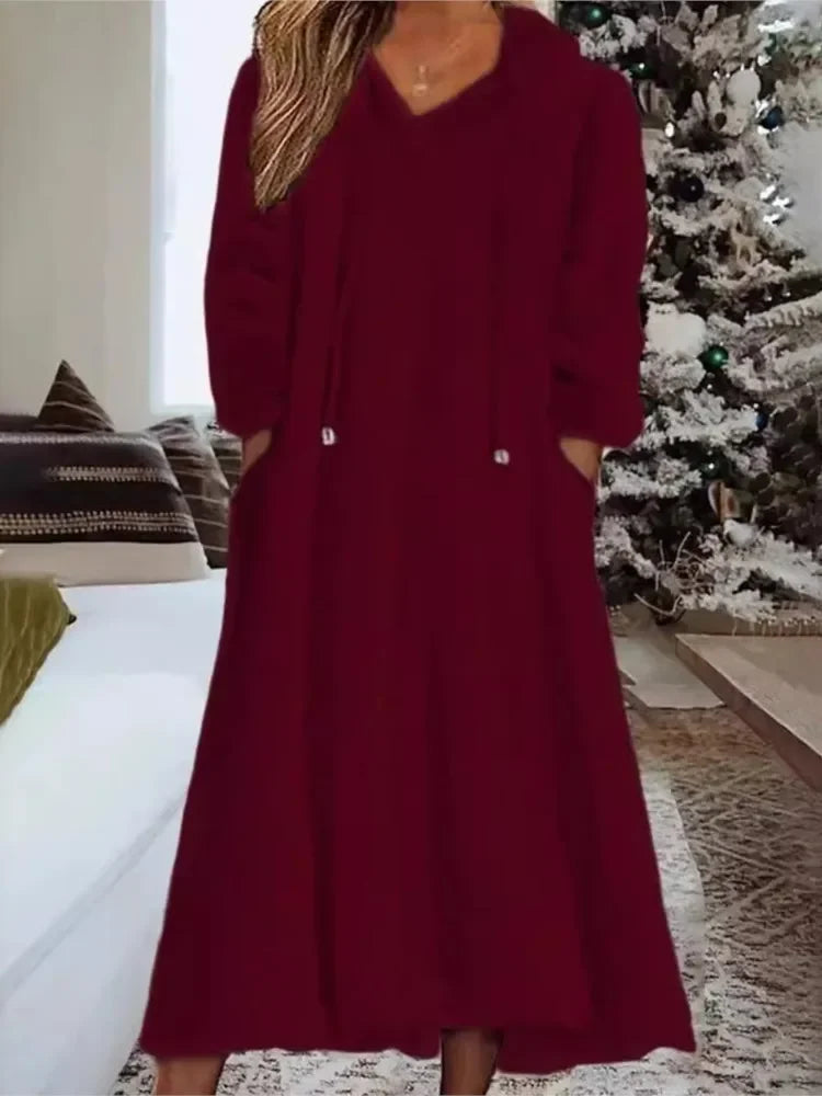 Autumn Winter Plush Hooded Maxi Dress for Women – Warm Casual Home Wear Loose Long Sleeve Comfort Dress | Robe Femme