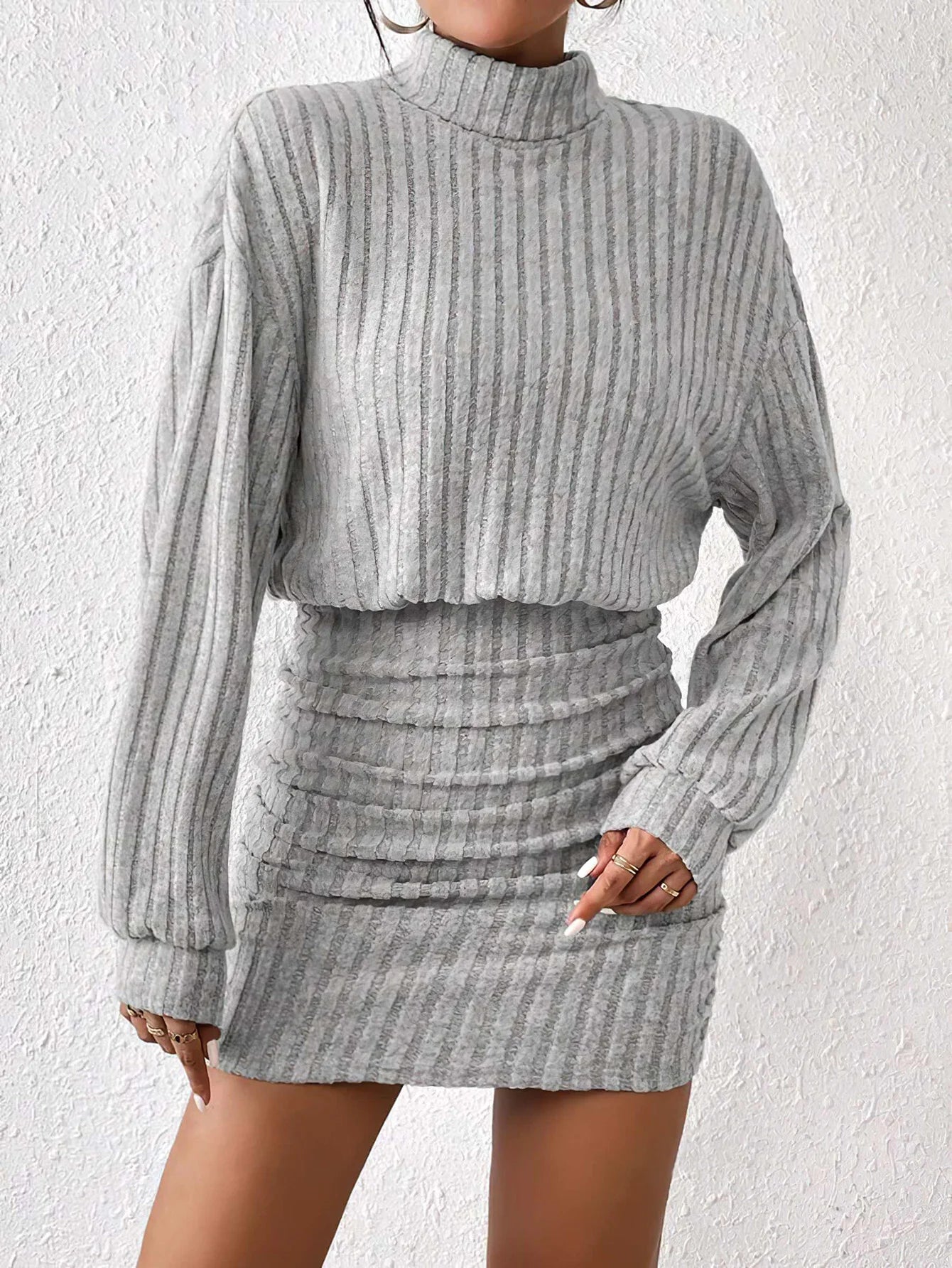 Women’s Autumn Winter High Neck Knitted Sweater Dress – Casual Loose Solid Long Sleeve Mid-Length Warm Dress
