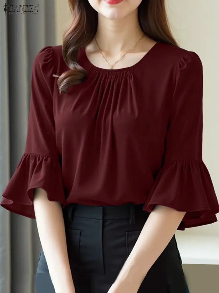 2025 ZANZEA Office Women Blouse – Elegant Solid O-Neck 3/4 Sleeve Summer Work Top 👚✨