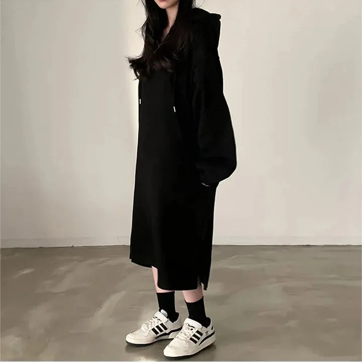 Chic Winter College Long Hoodie Dress ❄️ Lazy Fleece A-Line Side Slit Dress 👗 Pure Color Polyester Fiber 🧵