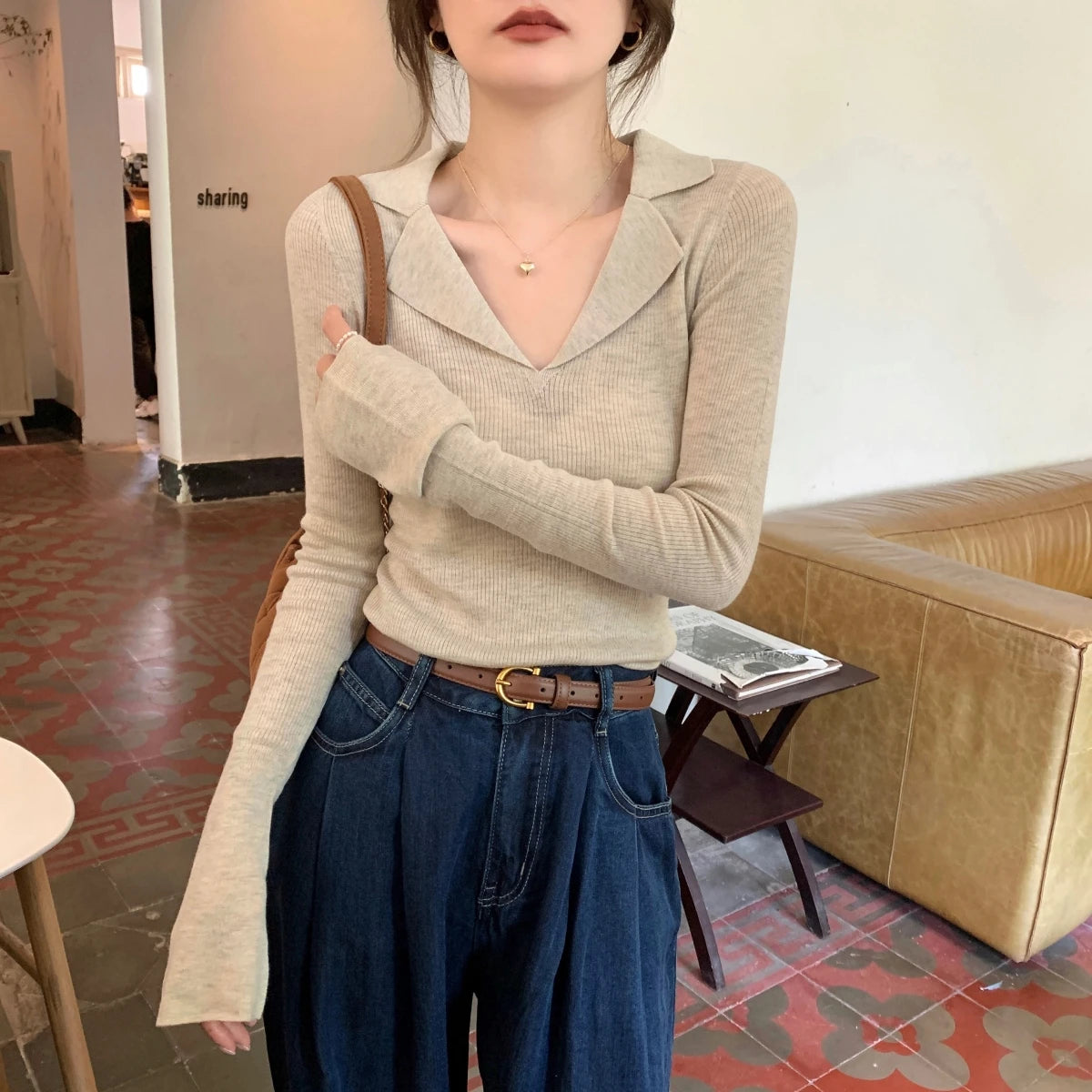 French Style Knitted Long Sleeve V-Neck Collar Sweater – Women’s Winter Base Layer Top | Stretchy Fit for Young Women