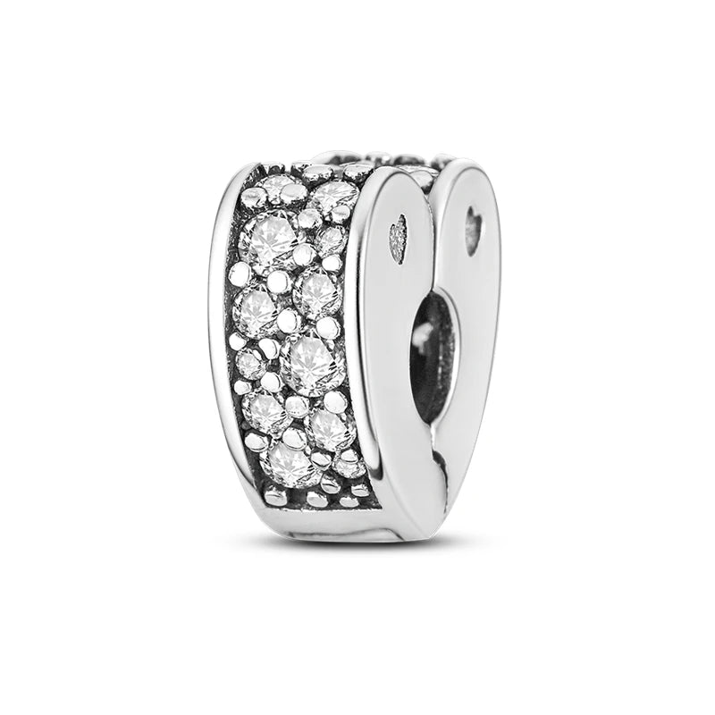 925 Sterling Silver CZ Pave Daisy Clip Charm & Safety Chain – Fits Original Pandora Bracelet, Women’s Silver Stopper Beads Jewelry