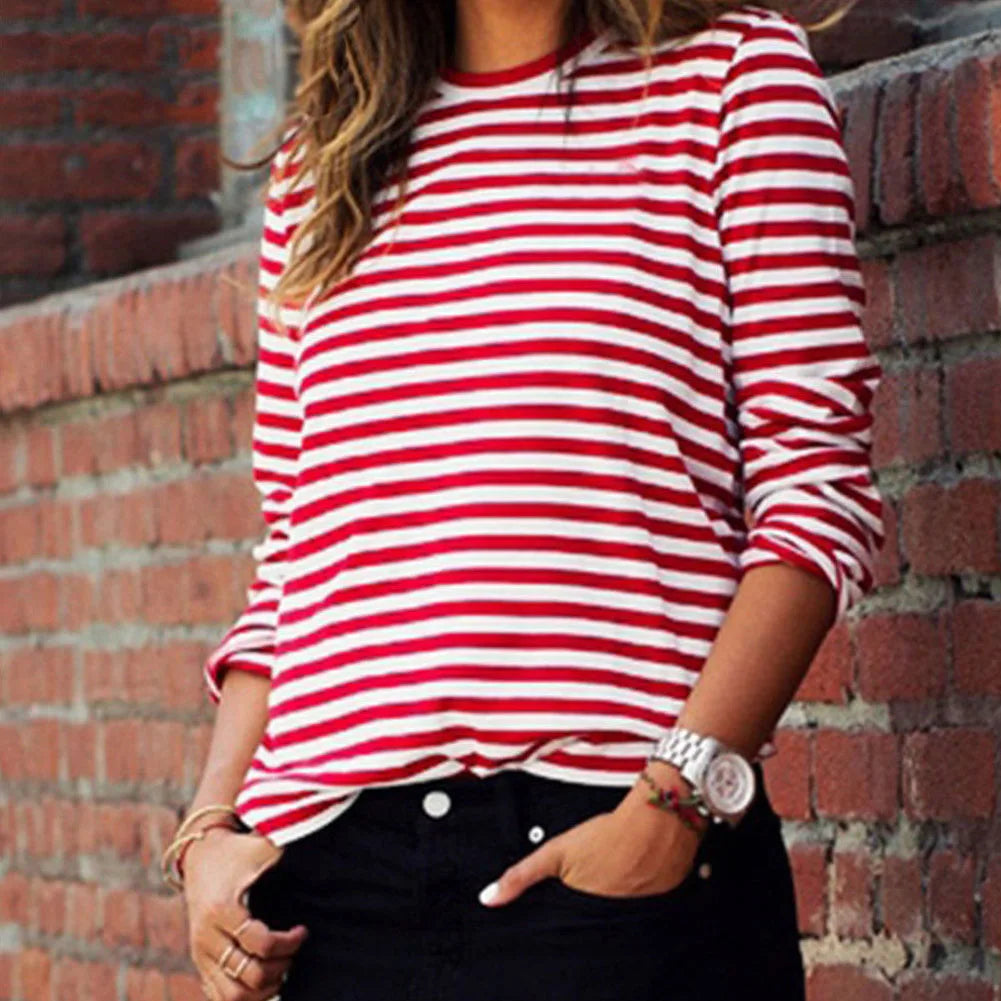 Dourbesty Women Red White Striped Long Sleeve T-Shirt | Loose Casual O-Neck Top | Autumn 2025 Pullover Tee