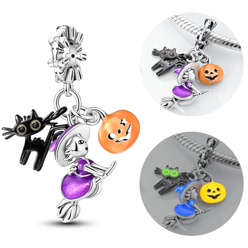 Halloween 925 Sterling Silver Charms | Pumpkin Skeleton Witch Bat Beads for Bracelet DIY Jewelry