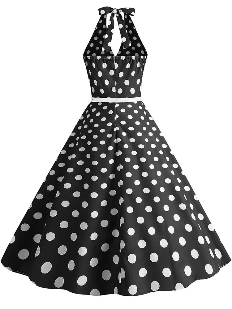 Women’s Vintage Halter Party Dress – Summer Polka Dot Midi Cocktail Prom Elegant Dress
