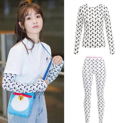 American Retro Women’s Two-Piece Set – Ice Silk Top & Pants with Moon Print Long Sleeve 🌙✨