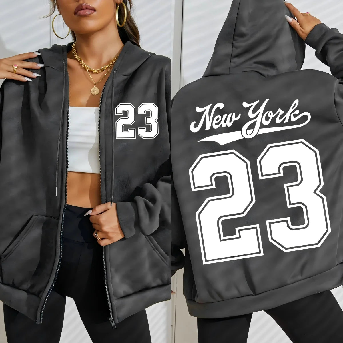 New York Number 23 Women’s Hoodie | Fleece Zipper Sweatshirt | Autumn Casual Sportswear Fashion Hoody
