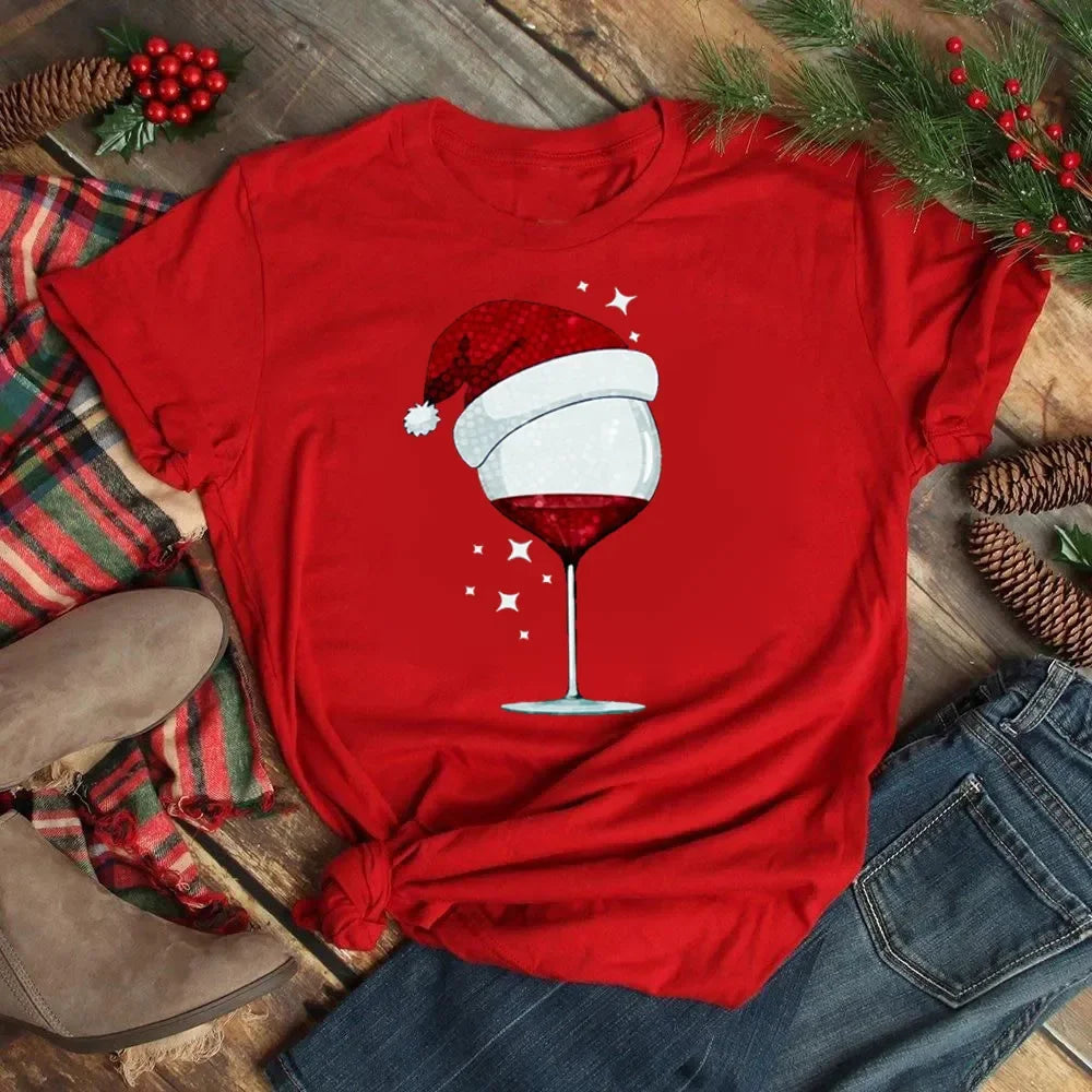 Women’s Christmas Wine Glass T-Shirt | Funny Holiday Black Tee Xmas Gift Top 2025