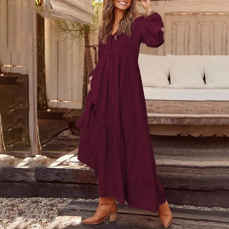 New Autumn Winter Women’s Long Dress – Retro V-Neck Button Long Sleeve Cotton Dress | Wide Swing Casual Fashion