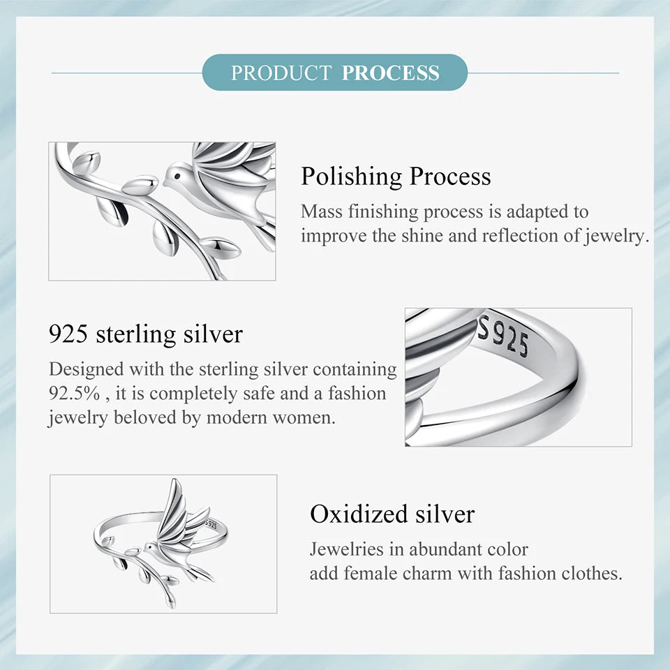 BISAER 925 Sterling Silver Floral Bird Open Ring | Adjustable White Gold Plated Flower Band for Women – Fine Party Jewelry