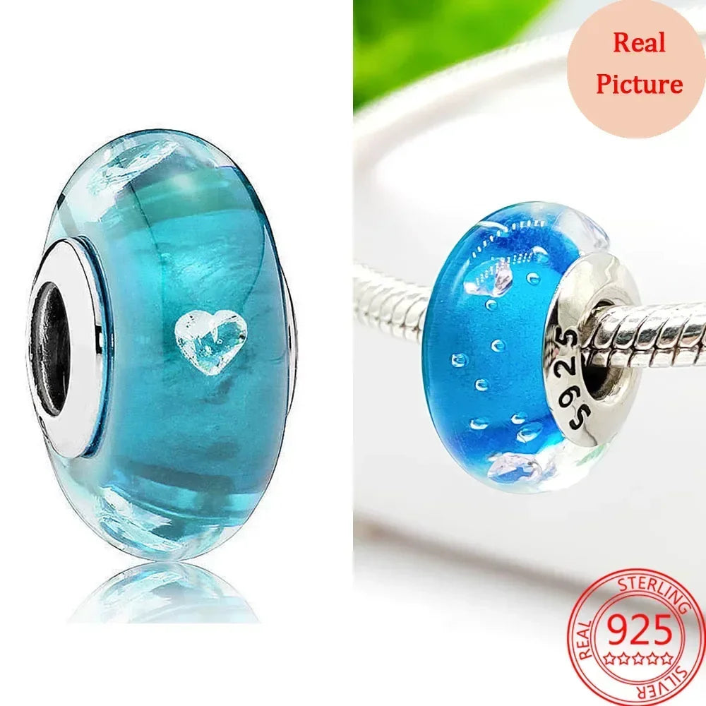 925 Sterling Silver Murano Glass Galaxy & Clover Heart Beads | Fit Pandora Bracelet DIY Jewelry Gift for Mum