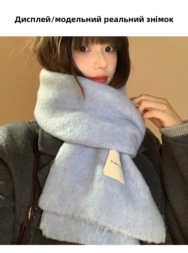 Warm Wool Blend Blue Knitted Scarf – Women’s Korean Style Winter Neck Warmer | Long Rectangle Color Scarf