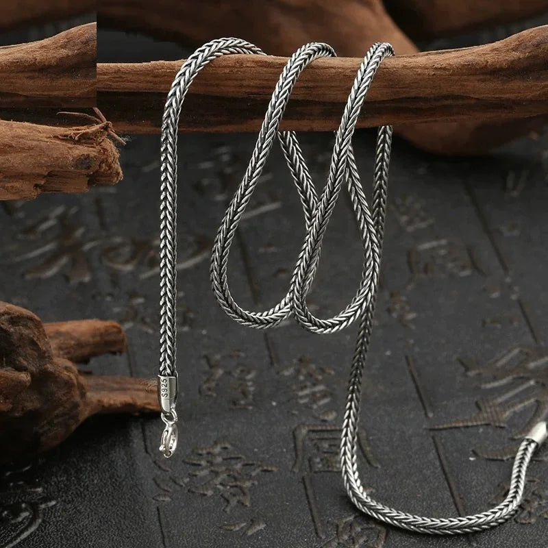 Real S925 Sterling Silver Foxtail Necklace for Men – 1.6mm Solid Snake Bone Chain Vintage Jewelry
