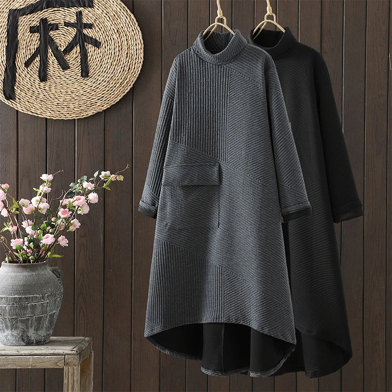Retro Artistic High Collar Midi Dress – Autumn Winter Loose Fit Plus Size Korean Style Color-Block Commuting Dress for Women