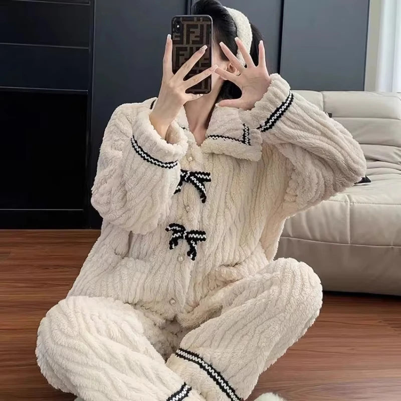 2PCS Women's Pajama Set 👚🩳 Autumn Winter Home Wear ❄️ Thick Padded Warm Princess Loungewear 🌸 Cozy Women's Clothing