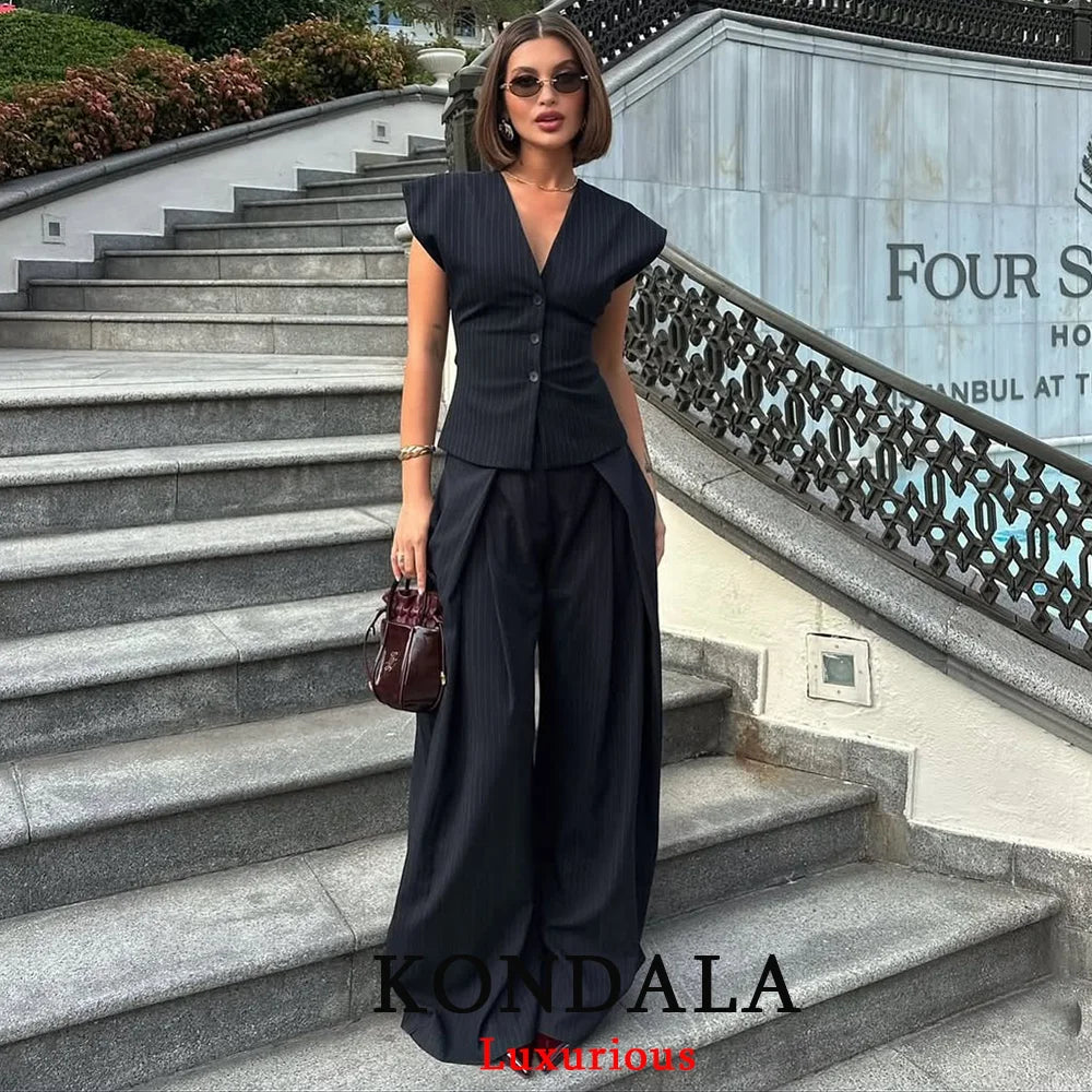 KONDALA Vintage Striped Print Women Suit – V-Neck Slim Vest + High Waist Wide-Leg Pants 2025 Autumn Office Set 🍂👩‍💼✨