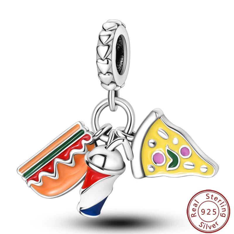 925 Sterling Silver Dessert Afternoon Tea Charm – Coffee, Cake, Pizza & Fries Beads Fit Original Pandora Bracelet DIY Jewelry