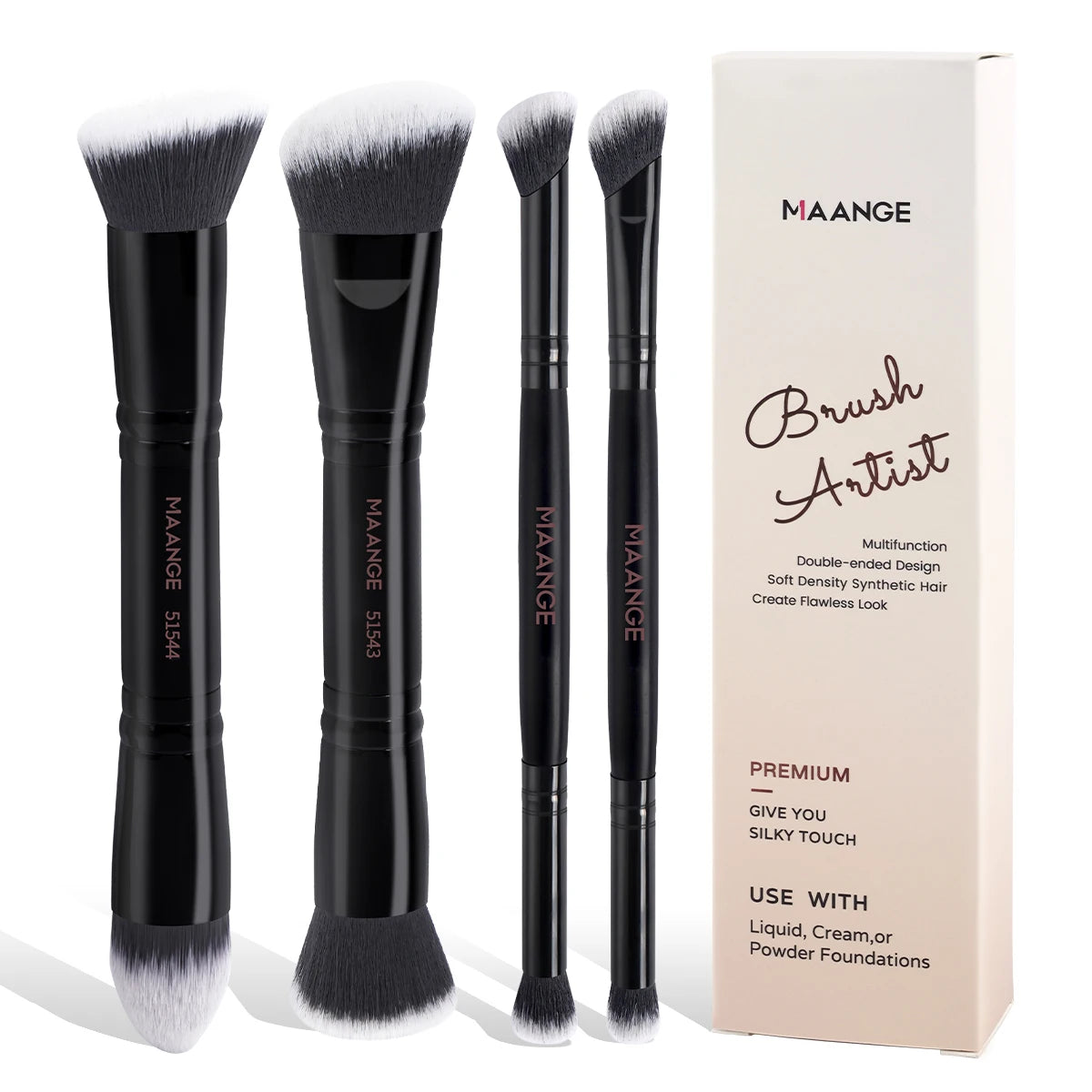 MAANGE 4pcs Basic Makeup Brushes Set with Box – Dual-Ended Foundation, Powder, Blush & Eyeshadow Brushes for Beginners & Travel