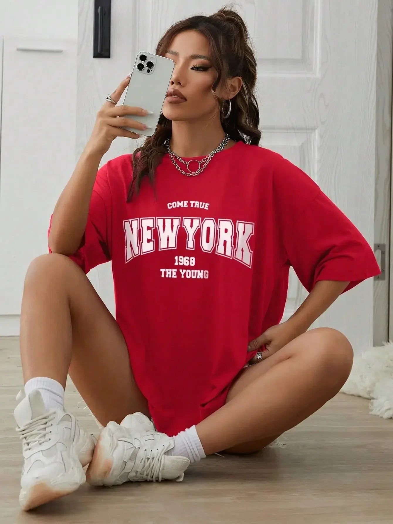 When 1968 New York Oversized T-Shirt for Women | Creative Streetwear Casual Top | Trendy Graphic Daily Tee