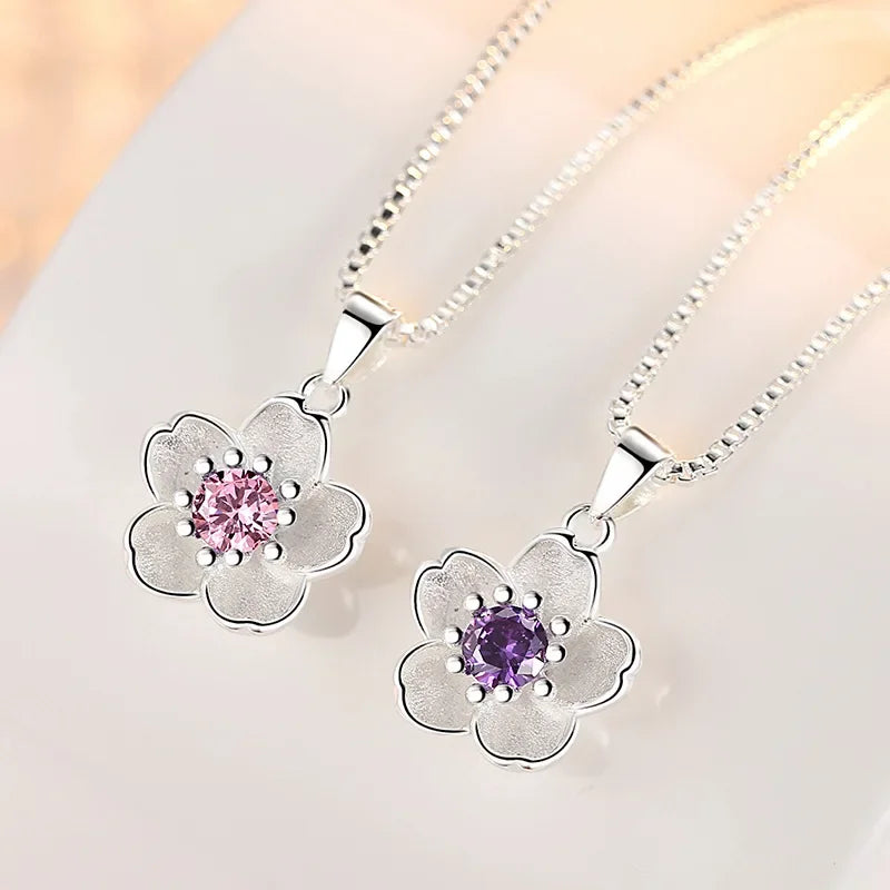 925 Sterling Silver Pink Purple Peach Blossom Necklace | Retro Luxury Jewelry for Women