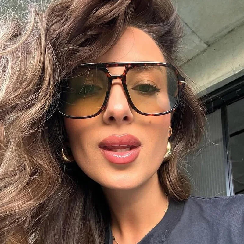 Retro Big Frame Square Sunglasses – Women & Men Double Beam One-Piece Designer Pilot Sun Glasses | Black Circular Cool Shades