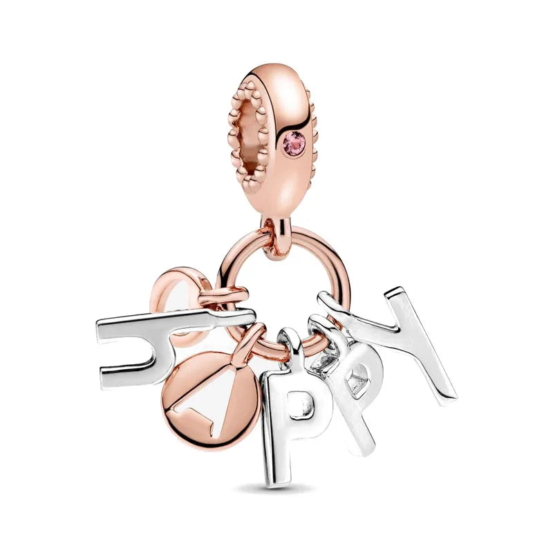 925 Sterling Silver Rose Gold Rabbit & Eiffel Tower Charm | Fit Original European Bracelet DIY Jewelry